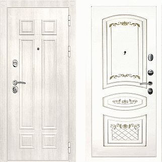 Дверь входная Гера-2/Панель эмаль Смальта-05, металл 1.5 мм, 2 замка KALE, дуб Филадельфия крем/белый Ral9003, патина золото
