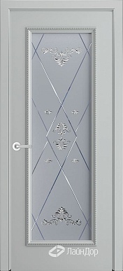 Валенсия-1, дверь с патиной, со стеклом Прима, эмаль серая