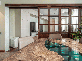 Раздвижная перегородка из массива дуба, стекло прозрачное, цвет - красное дерево